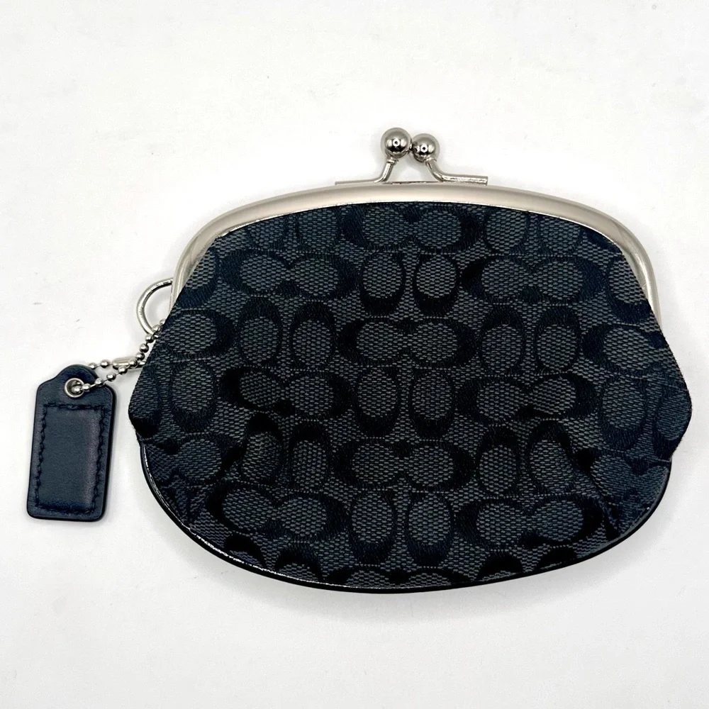 Coach Coin Purse Pouch Kisslock Black Signature Jacquard‎ Monogram C Silver Mini - Picture 2 of 7